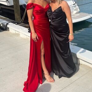 Red Satin Off-Shoulder Gown with Thigh Slit